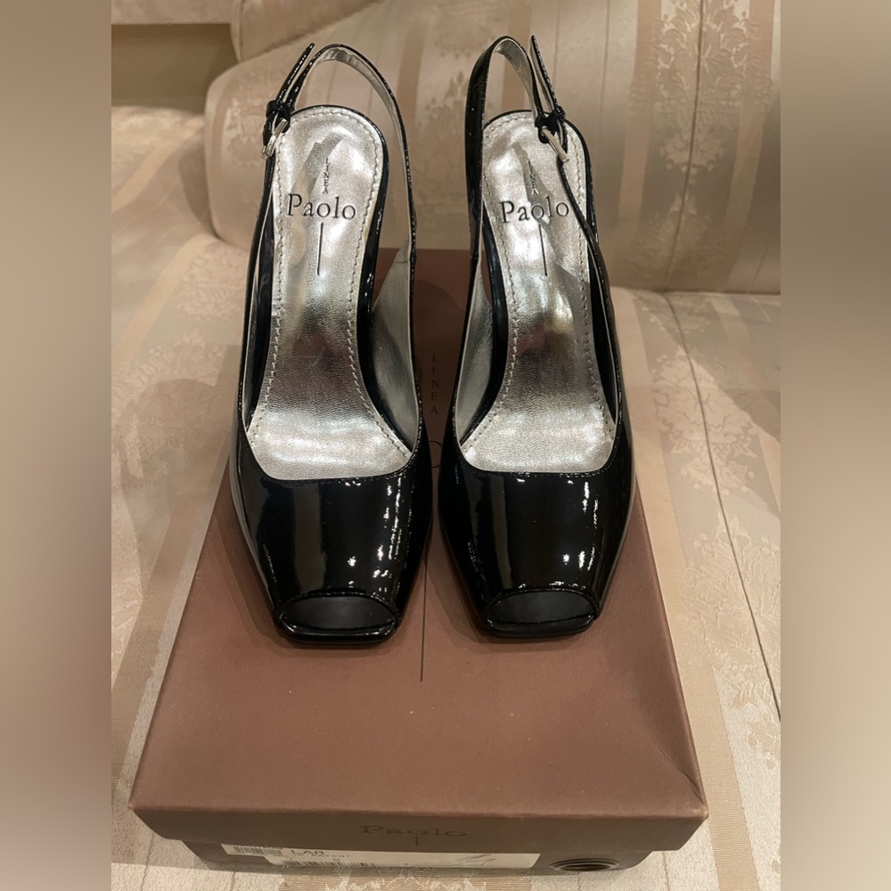 Linea Paolo Black/Silver Patent Slingback Wedge New (with box) Size 7